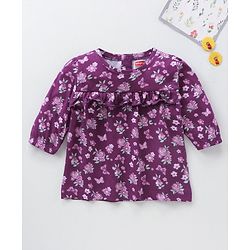 Babyhug Three Forth Sleeves Butterfly & Flower Print With Frill Detailing Top - Purple