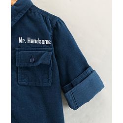 Babyhug Full Sleeves Cotton Corduroy Shirt Text Embroidered-Blue