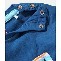 Babyhug Cotton Half Sleeves Tee & Dungaree Set With Applique Stripes & Dino Print- Blue & Yellow