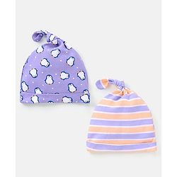 Babyhug 100% Cotton Cap Stripes & Penguin Design Pack of 2 Purple - Diameter 11.5 Cm