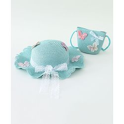 Babyhug Butterfly Applique Straw Hat With Bow & Purse Blue - Diameter 17.5 cm
