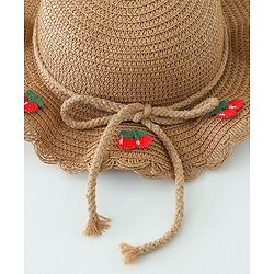 Babyhug Crochet Cherry Applique Straw Hat With String Bow & Purse Brown - Diameter 17.5 cm