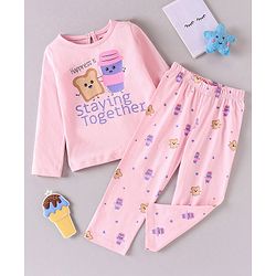 Babyhug 100% Cotton Full Sleeves Night Suit Text Print - Pink