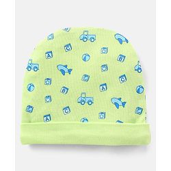Babyhug 100% Cotton Cap Mittens And Booties Set Airplane Pattern Green - Diameter 12.5 cm