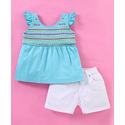 Babyhug 100% Cotton Sleeveless Top and Shorts Set Embroidered - Aqua Blue & White
