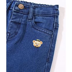 Babyhug Cotton Stretchable Full Length Washed Jeans Teddy Print Fly With Zipper - Blue