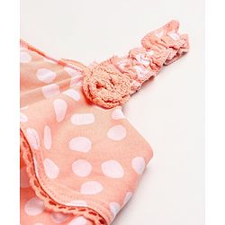 Babyhug 100% Rayon Sleeveless 3 Tier Woven Top With Corsage & Lace Detailing Polka Dot Print- Peach