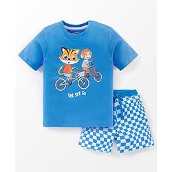 Babyhug 100% Cotton Half Sleeves T-Shirt And Shorts Tiger & Monkey Print - Blue