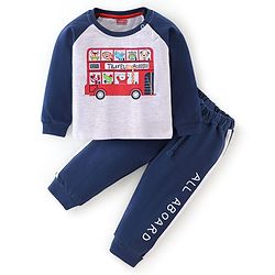 Babyhug 100% Cotton Raglan Sleeves T-Shirt & Lounge Pant Set Bus Print - Blue & White