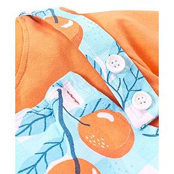 Babyhug 100% Cotton Knit Dungaree and Half Sleeves T-Shirt Set Solid Colour and Fruits Print - Orange & Blue