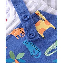 Babyhug Cotton Knit Wild Animal Print Knee length Dungaree with Half Sleeves Stripe Inner Tee - Grey & Blue
