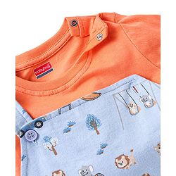 Babyhug 100% Cotton Knit Wild Animals Printed Dungaree with Half Sleeves Solid Colour T-Shirt Set - Orange & Light Blue