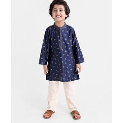 Babyhug Full Sleeves Kurta & Pyjama Set Floral Print- Navy Blue