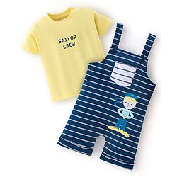 Babyhug 100% Cotton Knit Half Sleeves T-Shirt & Dungaree Set Striped - Yellow & Blue