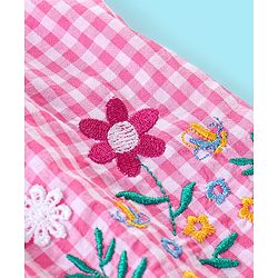 Babyhug Seer Sucker Half Sleeves Checkered Top Floral Embroidery - Pink & White