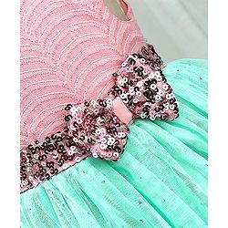 Babyhug Woven Sleeveless Textured Party Dress with Lace Yoke - Mint & Pink