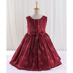 Babyhug Woven Sleeveless Party Frock with Bow Applique & Glitter Embellished - Cherry Red