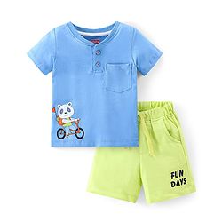 Babyhug 100% Cotton Knit Half Sleeves T-Shirt & Shorts With Text & Panda Print - Blue & Green