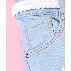 Babyhug Cotton Washed Denim Capri With Belt Floral Embroidery- Light Blue