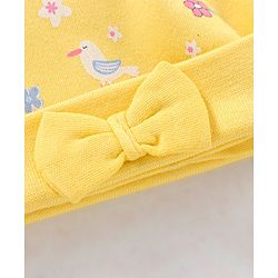 Babyhug 100% Cotton Knit Cap with Floral Print & Bow Applique - Yellow