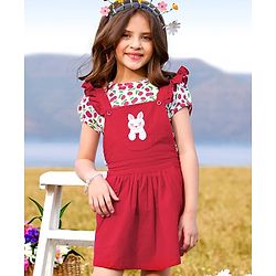 Babyhug Cordrouy Frocks with Half Sleeves Inner Tee Cherry Printed - Red