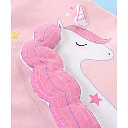 Babyhug Cotton Knit Cap Sleeves Capri Night Suit Unicorn Print - Pink & White