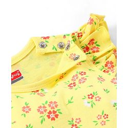 Babyhug 100% Cotton Knit Frill Sleeves Frock Style Onesie with Headband Floral Print - Yellow