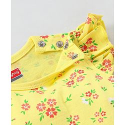 Babyhug 100% Cotton Knit Frill Sleeves Frock Style Onesie with Headband Floral Print - Yellow