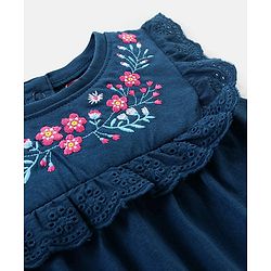Babyhug Cotton Knit Sleeveless Top with Frill Detailing & Floral Embroidery - Navy
