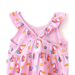 Babyhug 100% Cotton Knit Sleeveless Frock With Toucan Print & Bow Applique - Pink