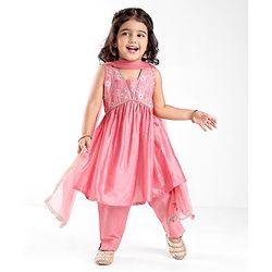 Babyhug Sleeveless Foil Printed Kurta With Pant And Dupatta Set With Embroidery Detailing- Pink