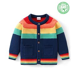 Babyhug Organic Cotton Full Sleeves Front Open Colour Block Design Sweater -Blue Red & Green