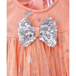Babyhug Woven Frill Sleeves Party Frock with Sequin & Bow Corsage - Coral