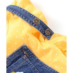 Babyhug Cotton Knit Floral Applique Dungaree with Short Sleeves Dot Print T-Shirt Set - Blue & Yellow