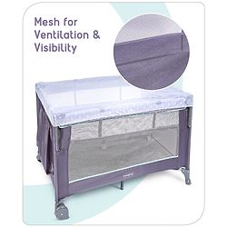 Babyhug Wonderland 2 in 1 Foldable Playpen Cum Travel Baby Cot with Mosquito Net - Grey| Easy Assembly| Compact Fold| Removable Cot Layer| Mesh Sides| Zipper Opening for Fun-play| Storage cum Carry Bag| Wheels with Lock| Attach to Parent Bed