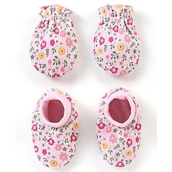 Babyhug 100% Cotton Floral print Mittens & Booties - Pink