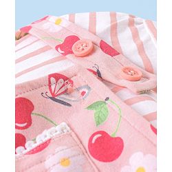 Babyhug 100% Cotton Knit Floral Print Dungaree & Half Sleeves Striped Tee Set - Pink & White