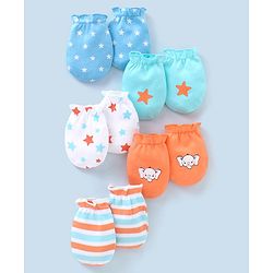 Babyhug 100% Cotton Star Print Mittens Pack of 5 - White Orange & Blue