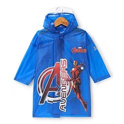Babyhug Full Sleeves Calf Length Hooded Raincoat Avengers Print - Blue