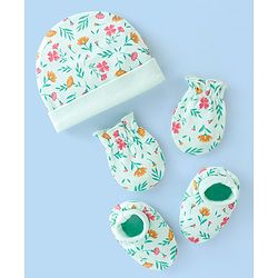 Babyhug 100% Cotton Cap Mittens And Booties Floral Print - Blue