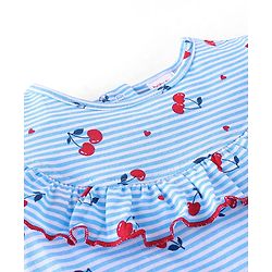 Babyhug 100% Cotton Knit Sleeveless Striped Top & Shorts Set with Bow Applique Cherry Print - Blue & Red