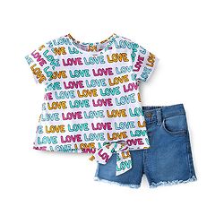 Babyhug 100% Cotton Knit Half Sleeves Top & Denim Shorts Set Text Print - White & Medium Blue