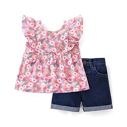 Babyhug 100% Cotton Knit Sleeveless Top and Denim Shorts Set Floral Print - Pink & Blue