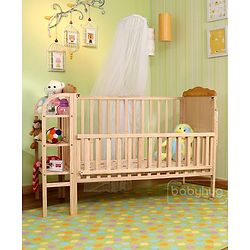 Babyhug Lily Wooden Cot with Detachable Bassinet & Side Shelf - Light Brown| Adjustable Height| Wheels for Easy Movement| Easy to Assemble| Mosquito Net| Foldable Side Rail|Extendable Head Board