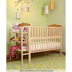 Babyhug Lily Wooden Cot with Detachable Bassinet & Side Shelf - Light Brown| Adjustable Height| Wheels for Easy Movement| Easy to Assemble| Mosquito Net| Foldable Side Rail|Extendable Head Board