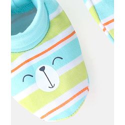 Babyhug 100% Cotton Cap Mittens & Booties Striped Blue & Green- Diameter 10.5 cm
