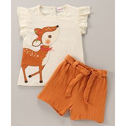 Babyhug 100% Cotton Sleeveless Top & Short Set Deer Print- Marshmallow & Peasant