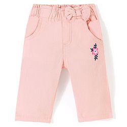 Babyhug Cotton Spandex Woven Mid Calf Capris with Floral Embroidery & Bow Applique - Peach