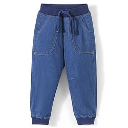 Babyhug Cotton Denim Full Length Stretchable Joggers Solid- Blue