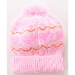 Babyhug Woollen Cap with Heart & Bear Design Pink - Diameter 9 cm